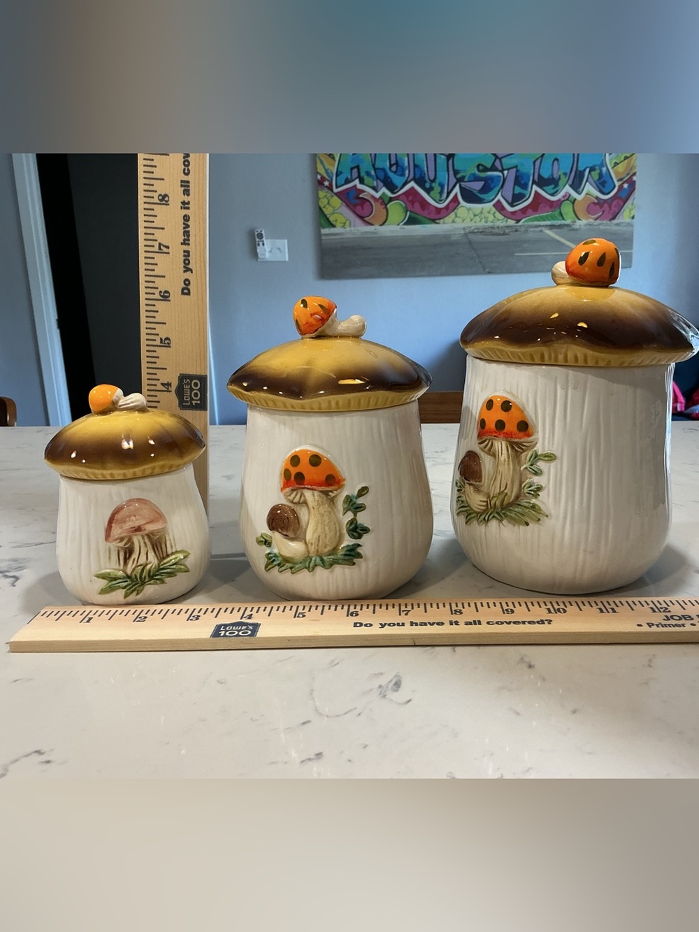 Vintage Ceramic Merry Mushroom Pattern Canister Set of 3 with Lids, Sears 1978 - Picture 11 of 11